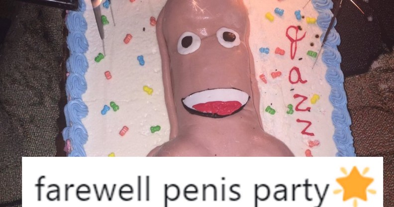 The penis cake made for transgender activist Jazz Jennings, with a tweet overlaid