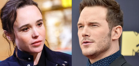 A combo photo of Chris Pratt and Ellen Page, who has held the Lego Movie actor to account for attending a church that she described as "infamously anti-lgbt."