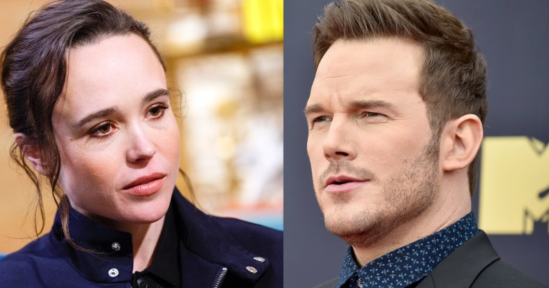 A combo photo of Chris Pratt and Ellen Page, who has held the Lego Movie actor to account for attending a church that she described as "infamously anti-lgbt."