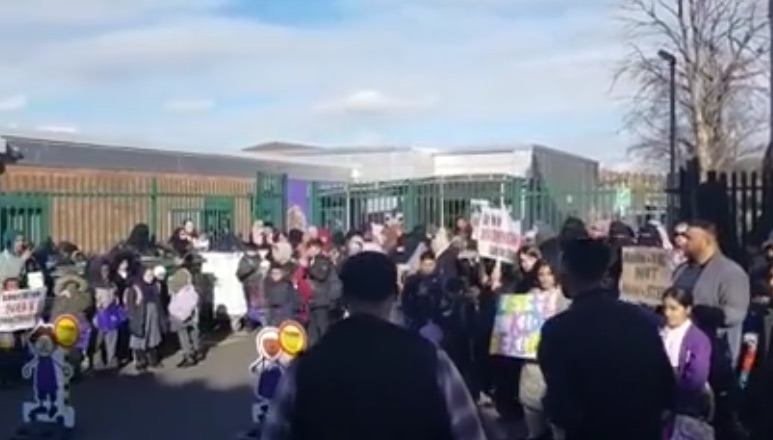 Protestors against LGBT lessons outside Anderton Park Primary school, Birmingham