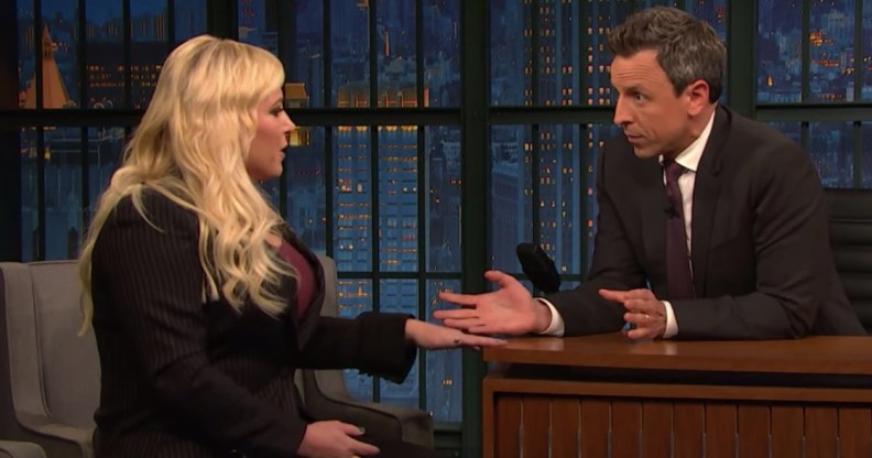 Seth Meyers interviews Meghan McCain on his show, an exchange that prompted her husband to attack him in a series of tweets.