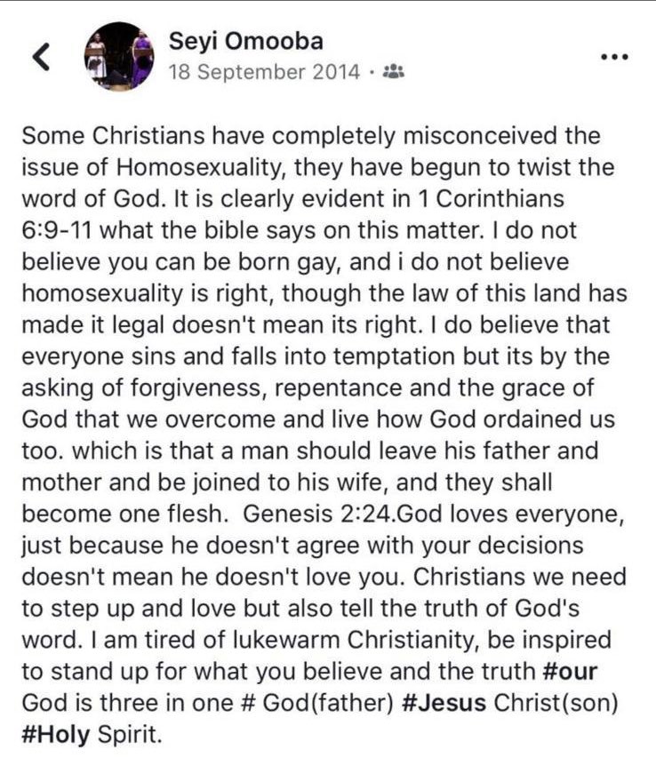 Screenshote of The Color Purple actress Seyi Omooba's Facebook anti-gay post.