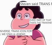 A shot of Steven Universe, a Cartoon Network show which fans say has a trans subtext, overlaid with tweets