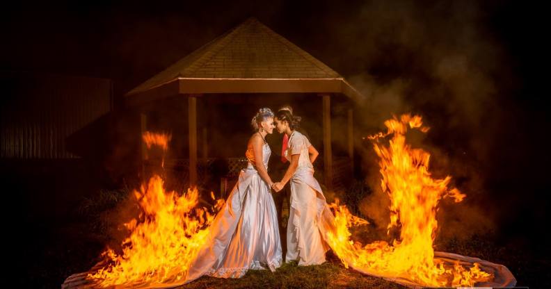 Lesbian couple sets wedding dresses on fire (Michael Huang of Cukini Studio)