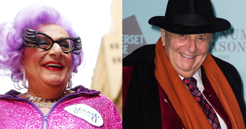 Dame Edna participates with her fans in a Zumba fitness class at Martin Place on January 15, 2013 in Sydney, Australia (left) and Barry Humphries out of drag.