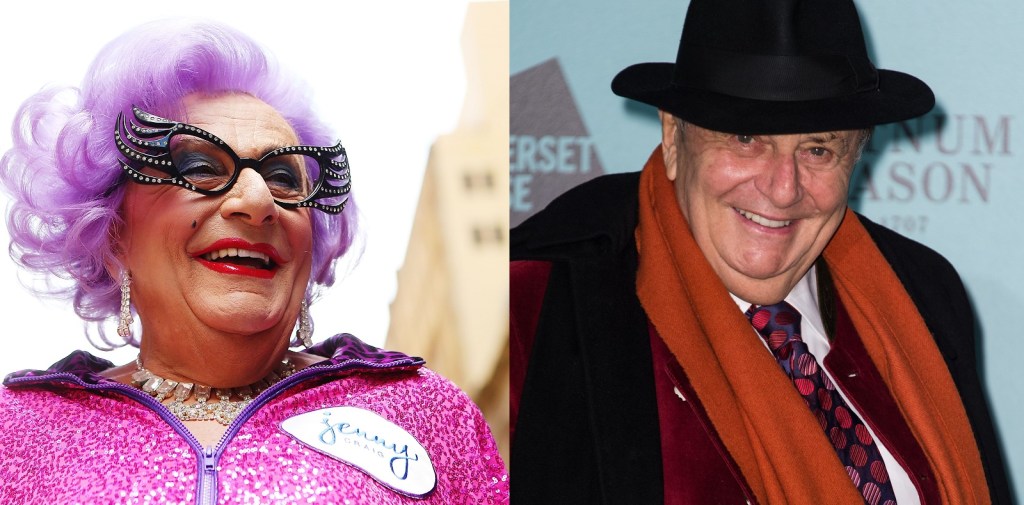 Dame Edna participates with her fans in a Zumba fitness class at Martin Place on January 15, 2013 in Sydney, Australia (left) and Barry Humphries out of drag.