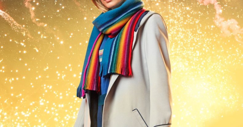 Jodie Whittaker as the Doctor in Doctor Who, wearing a rainbow scarf