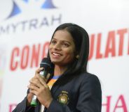 Dutee Chand speaks during a press conference in Hyderabad on September 1, 2018.. (NOAH SEELAM/AFP/Getty Images)