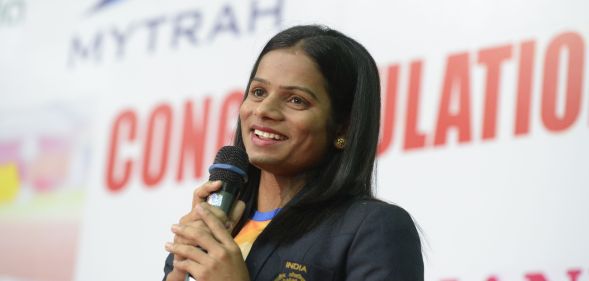 Dutee Chand speaks during a press conference in Hyderabad on September 1, 2018.. (NOAH SEELAM/AFP/Getty Images)