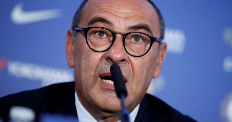 Chelsea's newly appointed manager, Maurizio Sarri, speaks during his unveiling press conference at Stamford Bridge in west London on July 18, 2018. - New Chelsea boss Maurizio Sarri has spoken of his excitement at facing many of the world's leading managers now that he in charge of a Premier League side. The Italian's arrival at Stamford Bridge, where he replaces compatriot Antonio Conte, sees him join a multi-national cast of managers in English football's top-flight, with Spain's Pep Guardiola in charge of champions Manchester City, Argentina's Mauricio Pochettino the manager of Tottenham Hotspur, Portugal's Jose Mourinho at the helm of Manchester United and Germany's Jurgen Klopp in control at Liverpool. (Photo by Tolga AKMEN / AFP) (Photo credit should read TOLGA AKMEN/AFP/Getty Images)