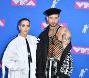 Musician Bethany Meyers and fiance US actor Nico Tortorella attend the 2018 MTV Video Music Awards at Radio City Music Hall on August 20, 2018 in New York City. (Photo by ANGELA WEISS / AFP) (Photo credit should read ANGELA WEISS/AFP/Getty Images)