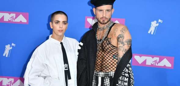 Musician Bethany Meyers and fiance US actor Nico Tortorella attend the 2018 MTV Video Music Awards at Radio City Music Hall on August 20, 2018 in New York City. (Photo by ANGELA WEISS / AFP) (Photo credit should read ANGELA WEISS/AFP/Getty Images)