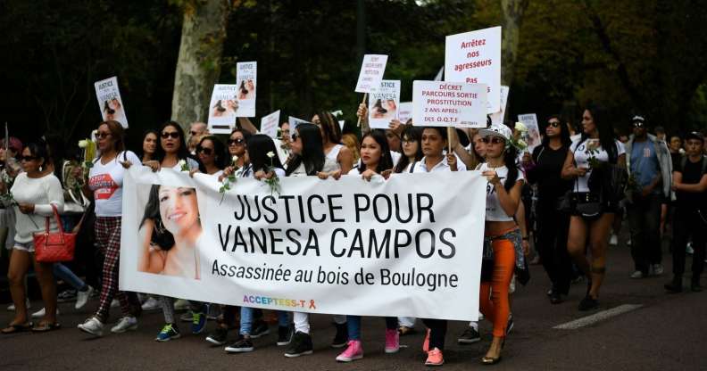 People take part in a march at the Bois de Boulogne in Paris, on August 24, 2018, in tribute to Vanesa Campos, a 36 year-old transsexual sex worker who was killed the week before. (Photo by Lionel BONAVENTURE / AFP) (Photo credit should read LIONEL BONAVENTURE/AFP/Getty Images)