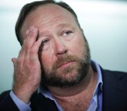 WASHINGTON, DC - SEPTEMBER 5: Alex Jones of InfoWars talks to reporters outside a Senate Intelligence Committee hearing concerning foreign influence operations' use of social media platforms, on Capitol Hill, September 5, 2018 in Washington, DC. Twitter CEO Jack Dorsey and Facebook chief operating officer Sheryl Sandberg faced questions about how foreign operatives use their platforms in attempts to influence and manipulate public opinion. (Photo by Drew Angerer/Getty Images)