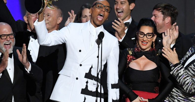 LOS ANGELES, CA - SEPTEMBER 17: RuPaul (C) and cast and crew accept the Outstanding Reality-Competition Program for 'RuPaul's Drag Race' onstage during the 70th Emmy Awards at Microsoft Theater on September 17, 2018 in Los Angeles, California. (Photo by Kevin Winter/Getty Images)