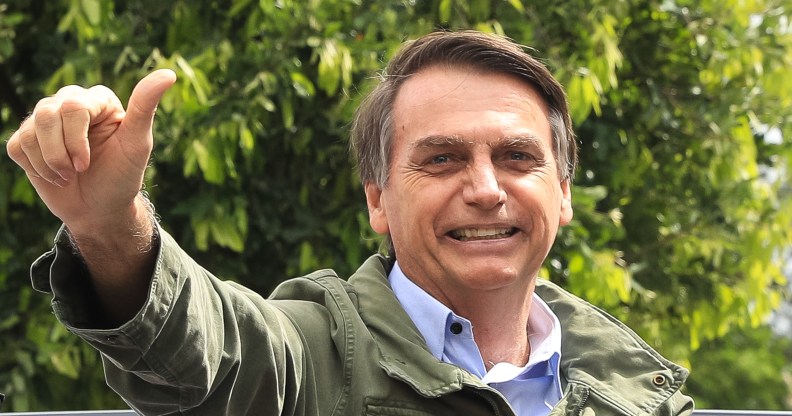 RIO DE JAaNEIRO, BRAZIL - OCTOBER 28: Jair Bolsonaro, far-right lawmaker and presidential candidate of the Social Liberal Party (PSL), gestures after casting his vote during general elections on October 28, 2018 in Rio de Janeiro, Brazil. (Photo by Buda Mendes/Getty Images)