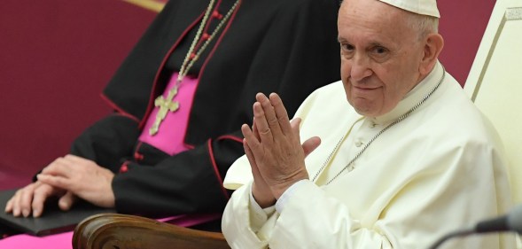 Pope Francis joins his hands during an audience for the participants to the International Meeting of Choirs on November 24, 2018.