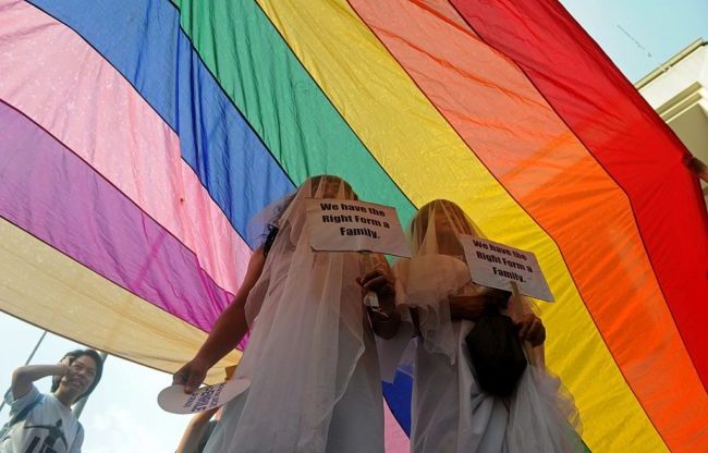 Supporters of same-sex marriage protest in wedding dresses