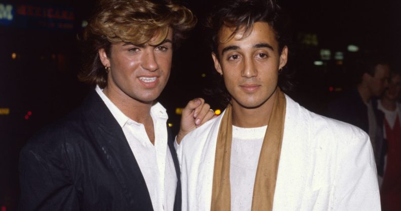 1984: British singer songwriter George Michael, lead singer of the pop group Wham!, with the group's guitarist Andrew Ridgeley at the film premiere of the hit 'Dune'. (Photo by Hulton Archive/Getty Images)