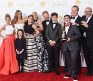 LOS ANGELES, CA - AUGUST 25: Actresses Sarah Hyland, Sof?a Vergara, Aubrey Anderson-Emmons, Julie Bowen and Ariel Winter, Jesse Tyler Ferguson, Nolan Gould, Rico Rodriguez, Eric Stonestreet and Ed O'Neill, winners of the Outstanding Comedy Series Award for "Modern Family" pose in the press room during the 66th Annual Primetime Emmy Awards held at Nokia Theatre L.A. Live on August 25, 2014 in Los Angeles, California. (Photo by Jason Merritt/Getty Images)