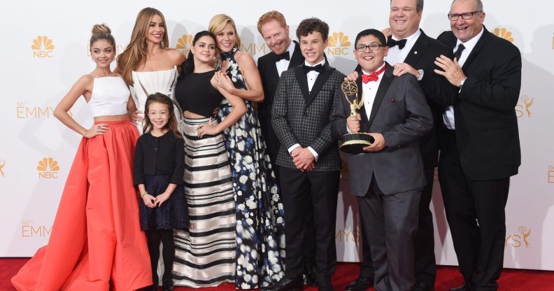 LOS ANGELES, CA - AUGUST 25: Actresses Sarah Hyland, Sof?a Vergara, Aubrey Anderson-Emmons, Julie Bowen and Ariel Winter, Jesse Tyler Ferguson, Nolan Gould, Rico Rodriguez, Eric Stonestreet and Ed O'Neill, winners of the Outstanding Comedy Series Award for "Modern Family" pose in the press room during the 66th Annual Primetime Emmy Awards held at Nokia Theatre L.A. Live on August 25, 2014 in Los Angeles, California. (Photo by Jason Merritt/Getty Images)