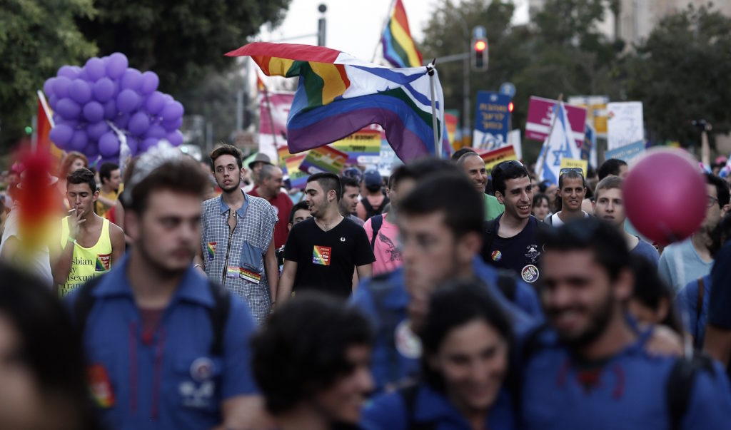 Israelis take part in the 12th anniversary Gay Pride parade in Jerusalem on September 18, 2014. (THOMAS COEX/AFP/Getty Images)