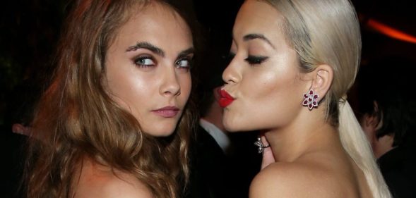 BEVERLY HILLS, CA - JANUARY 11: Model Cara Delevingne (L) and musician Rita Ora attend The Weinstein Company & Netflix's 2015 Golden Globes After Party presented by FIJI Water, Lexus, Laura Mercier and Marie Claire at The Beverly Hilton Hotel on January 11, 2015 in Beverly Hills, California. (Photo by Jonathan Leibson/Getty Images for TWC)