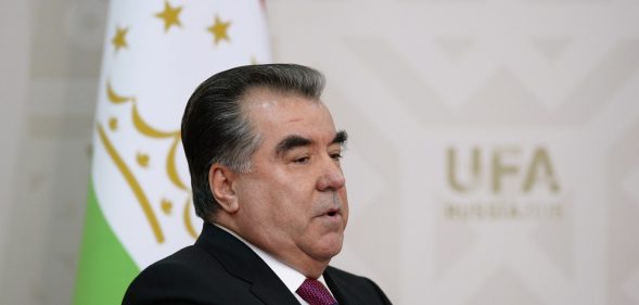 UFA, RUSSIA - JULY 8: In this handout image supplied by Host Photo Agency / RIA Novosti, President of the Republic of Tajikistan Emomali Rakhmon during a meeting with President of the Russian Federation Vladimir Putin during the BRICS/SCO Summits - Russia 2015 on July 08, 2015 in Ufa, Bashkortostan, Russia. (Photo by Iliya Pitalev/Host Photo Agency/Ria Novosti via Getty Images)