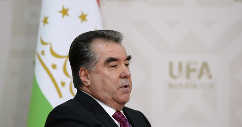 UFA, RUSSIA - JULY 8: In this handout image supplied by Host Photo Agency / RIA Novosti, President of the Republic of Tajikistan Emomali Rakhmon during a meeting with President of the Russian Federation Vladimir Putin during the BRICS/SCO Summits - Russia 2015 on July 08, 2015 in Ufa, Bashkortostan, Russia. (Photo by Iliya Pitalev/Host Photo Agency/Ria Novosti via Getty Images)