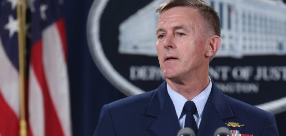 WASHINGTON, DC - OCTOBER 05: U.S. Coast Guard Commandant Admiral Paul Zukunft announces the resolution of federal and state claims against BP for the April 2010 Deepwater Horizon Oil Spill at the Robert F. Kennedy building October 5, 2015 in Washington, DC. The April 2010 Deepwater Horizon explosion killed 11 workers and spilled nearly 134 million gallons of oil into the Gulf of Mexico. According to settlements with the government, BP will pay about $20 billion in fines and penalties, natural restoration work, economic and other claims over an 18-year period. (Photo by Chip Somodevilla/Getty Images)