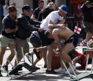 MARSEILLE, FRANCE - JUNE 11: England fans clash with Russian fans ahead of the game against Russia later today on June 11, 2016 in Marseille, France. Football fans from around Europe have descended on France for the UEFA Euro 2016 football tournament. (Photo by Carl Court/Getty Images)