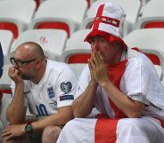 England supporters react after the Euro 2016 round of 16 football match between England and Iceland at the Allianz Riviera stadium in Nice on June 27, 2016. / AFP / ANNE-CHRISTINE POUJOULAT (Photo credit should read ANNE-CHRISTINE POUJOULAT/AFP/Getty Images)