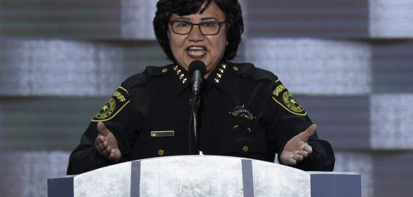 Dallas Sheriff Lupe Valdez addresses delegates on the fourth and final day of the Democratic National Convention at Wells Fargo Center on July 28, 2016 in Philadelphia, Pennsylvania. / AFP / SAUL LOEB (Photo credit should read SAUL LOEB/AFP/Getty Images)