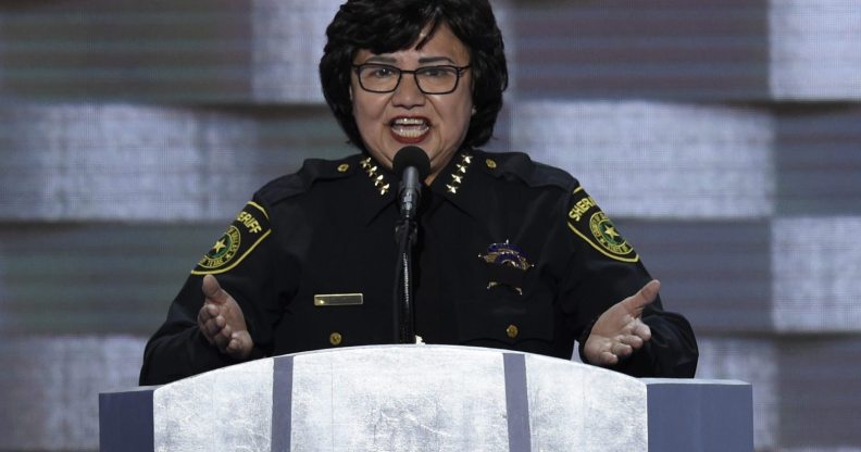 Dallas Sheriff Lupe Valdez addresses delegates on the fourth and final day of the Democratic National Convention at Wells Fargo Center on July 28, 2016 in Philadelphia, Pennsylvania. / AFP / SAUL LOEB (Photo credit should read SAUL LOEB/AFP/Getty Images)