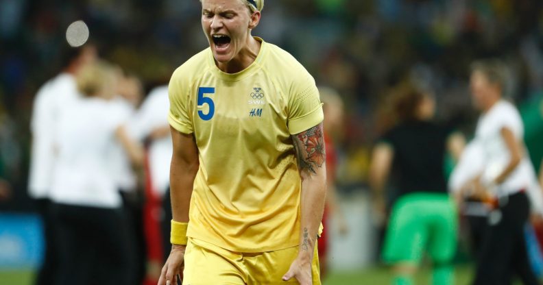 Sweden's defender Nilla Fischer reacts after losing to Germany in the Rio 2016 Olympic Games women's football Gold medal match at the Maracana stadium in Rio de Janeiro, Brazil, on August 19, 2016. / AFP / Odd Andersen (Photo credit should read ODD ANDERSEN/AFP/Getty Images)