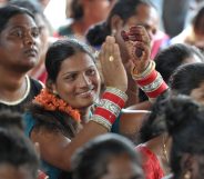 Indian transgender activists take part in a protest against the Trangenders Persons (Protection of Rights) Bill 2016 at Dharna Chowk in Hyderabad on August 26, 2016. The Trangenders Persons (Protection of Rights) Bill 2016, which was tabled in parliament in early August, is seen as draconian and repressive in nature by the protestors. / AFP / NOAH SEELAM (Photo credit should read NOAH SEELAM/AFP/Getty Images)