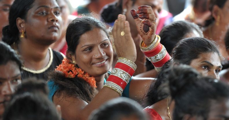 Indian transgender activists take part in a protest against the Trangenders Persons (Protection of Rights) Bill 2016 at Dharna Chowk in Hyderabad on August 26, 2016. The Trangenders Persons (Protection of Rights) Bill 2016, which was tabled in parliament in early August, is seen as draconian and repressive in nature by the protestors. / AFP / NOAH SEELAM (Photo credit should read NOAH SEELAM/AFP/Getty Images)