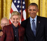 US President Barack Obama presents actress and comedian Ellen DeGeneres with the Presidential Medal of Freedom, the nation's highest civilian honor, during a ceremony honoring 21 recipients, in the East Room of the White House in Washington, DC, November 22, 2016.