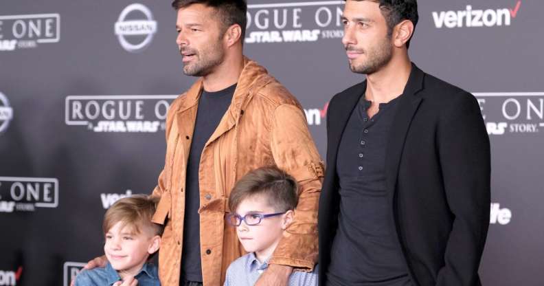 HOLLYWOOD, CA - DECEMBER 10: Musician Ricky Martin and Jwan Yosef (top L-R) and Valentino Martin and Matteo Martin attend the premiere of Walt Disney Pictures and Lucasfilm's "Rogue One: A Star Wars Story" at the Pantages Theatre on December 10, 2016 in Hollywood, California. (Photo by Frazer Harrison/Getty Images)