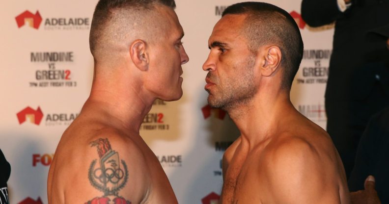 ADELAIDE, AUSTRALIA - FEBRUARY 02: Australian boxers Danny Green and Anthony Mundine face off during the official weigh in ahead of their Friday night bout at Adelaide Oval on February 2, 2017 in Adelaide, Australia. (Photo by Morne de Klerk/Getty Images)