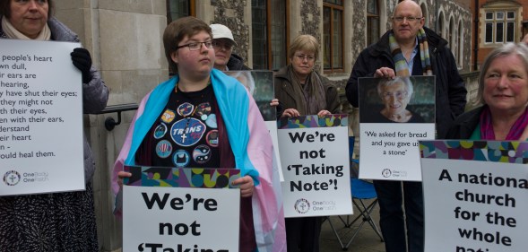 Members of the LGBT community stage a peaceful protest against the church of England in 2017 in London, England.