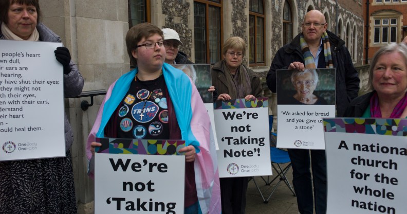 Members of the LGBT community stage a peaceful protest against the church of England in 2017 in London, England.