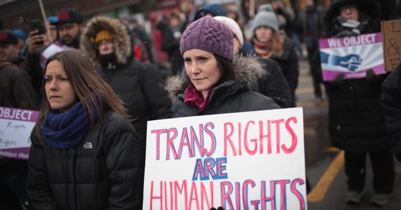 CHICAGO, IL - FEBRUARY 25: Demonstrators protest for transgender rights on February 25, 2017 in Chicago, Illinois. The demonstrators were angry with President Donald Trumps recent decision to reverse the Obama-era policy requiring public schools to allow transgender students to use the bathroom that corresponds with their gender identity. (Photo by Scott Olson/Getty Images)