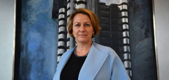 Lloyds of London Chief Executive Officer, Inga Beale poses for a photograph in her office in the City of London on March 30, 2017, following an interview with AFP. Lloyd's of London will open a Brussels subsidiary in early 2019, the historic insurance market said Thursday, the first company to respond to Britain's decision to trigger Brexit. Lloyd's, which employs 700 people in the British capital, will start work at the Brussels office from January 1, 2019. / AFP PHOTO / BEN STANSALL (Photo credit should read BEN STANSALL/AFP/Getty Images)