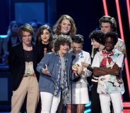 LOS ANGELES, CA - MAY 07: (L-R) Actors Gaten Matarazzo, Charlie Heaton, Noah Schnapp, Natalia Dyer, Shannon Purser, Millie Bobby Brown, Finn Wolfhard, Joe Keery, and Caleb McLaughlin accept the award for Show of the Year onstage during the 2017 MTV Movie And TV Awards at The Shrine Auditorium on May 7, 2017 in Los Angeles, California. (Photo by Kevork Djansezian/Getty Images)