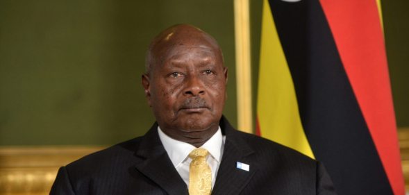 LONDON, UNITED KINGDOM - MAY 11: President Yoweri Museveni of Uganda meets Prime Minister Theresa May during the London Conference on Somalia at Lancaster House on May 11, 2017 in London, England. (Photo by Hannah McKay - WPA Pool/Getty Images)