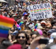 TOPSHOT - Participants take part in the annual Gay Pride parade in the Israeli city of Tel Aviv, on June 9, 2017. Tens of thousands of revellers from Israel and abroad packed the streets of Tel Aviv for the city's annual Gay Pride march, billed as the Middle East's biggest. / AFP PHOTO / JACK GUEZ (Photo credit should read JACK GUEZ/AFP/Getty Images)