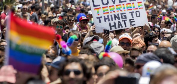 TOPSHOT - Participants take part in the annual Gay Pride parade in the Israeli city of Tel Aviv, on June 9, 2017. Tens of thousands of revellers from Israel and abroad packed the streets of Tel Aviv for the city's annual Gay Pride march, billed as the Middle East's biggest. / AFP PHOTO / JACK GUEZ (Photo credit should read JACK GUEZ/AFP/Getty Images)