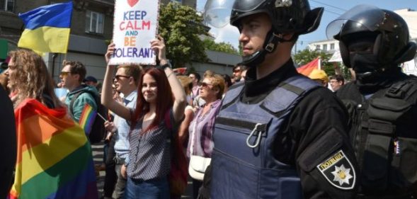 Police protect Kyiv Pride marchers during 2017 Pride