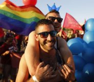 Israelis take part in the first annual Gay Pride parade in the southern Israeli city of Beersheba, on June 22, 2017. Hundreds of Israelis march in Beershebas first gay pride after the head of the southern police district approved plans for the event. / AFP PHOTO / MENAHEM KAHANA (Photo credit should read MENAHEM KAHANA/AFP/Getty Images)